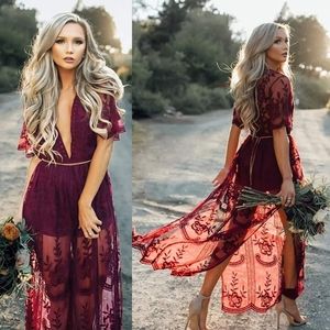 5⭐Romantic maroon v-neck lace eyelet maxi romper